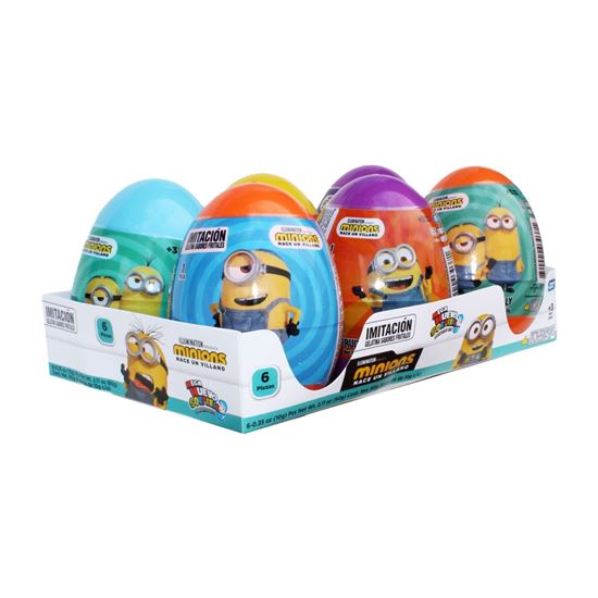 Imagen de Huevo de juguete con dulce gelatinas de sabores frutales Bondy Fiesta Mega Webo Sorpresa Minions 6 pzas de 10g c/u (60g)
