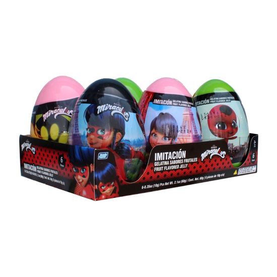 Imagen de Huevo de juguete con dulce gelatinas de sabores frutales Bondy Fiesta Mega Webo Sorpresa Miraculous 6 pzas de 10g c/u (60g)
