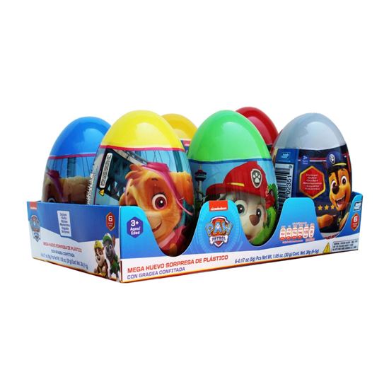 Imagen de Huevo de juguete con dulce gelatinas de sabores frutales Bondy Fiesta Mega Webo Sorpresa Paw Patrol 6 pzas de 10g c/u (60g)