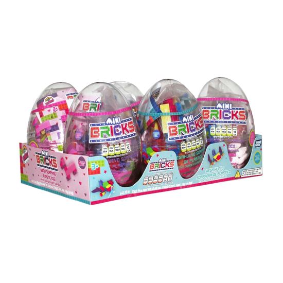 Imagen de Huevo de juguete con dulce gelatinas de sabores frutales Bondy Fiesta Mega Webo Sorpresa Mini Bricks 6 pzas de 10g c/u (60g)
