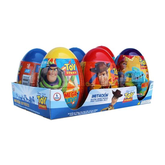 Imagen de Huevo de juguete con dulce gelatinas de sabores frutales Bondy Fiesta Mega Webo Sorpresa Toy Story 6 pzas de 10g c/u (60g)