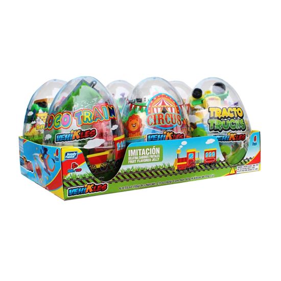 Imagen de Huevo de juguete con dulce gelatinas de sabores frutales Bondy Fiesta Mega Webo Sorpresa Vehikles 6 pzas de 10g c/u (60g)