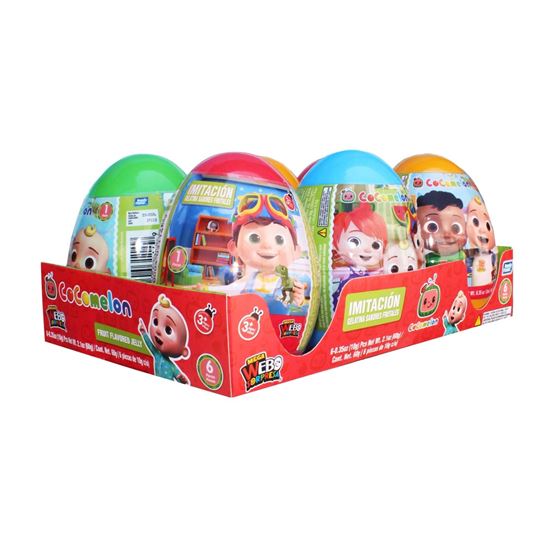 Imagen de Huevo de juguete con dulce gelatinas de sabores frutales Bondy Fiesta Mega Webo Sorpresa Cocomelon 6 pzas de 10g c/u (60g)