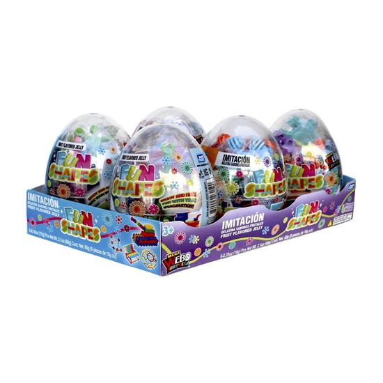 Imagen de Huevo de juguete con dulce gelatinas de sabores frutales Bondy Fiesta Mega Webo Sorpresa Fun Shapes 6 pzas de 10g c/u (60g)