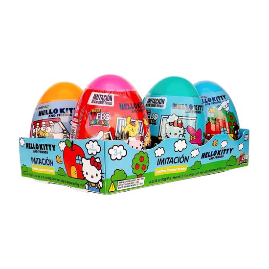 Imagen de Huevo de juguete con dulce gelatinas de sabores frutales Bondy Fiesta Mega Webo Sorpresa Hello Kitty and Friends 6 pzas de 10g c/u (60g)