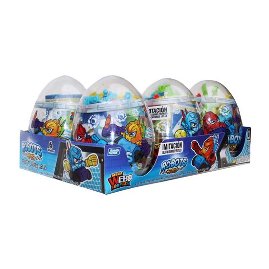 Imagen de Huevo de juguete con dulce gelatinas de sabores frutales Bondy Fiesta Mega Webo Sorpresa Robots Race 6 pzas de 10g c/u (60g)