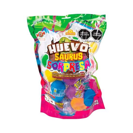 Imagen de Dulce + tatuaje + juguete 3 en 1 Las Delicias Huevo Saurus Sorpresa bolsa con 20 pzas (60g)