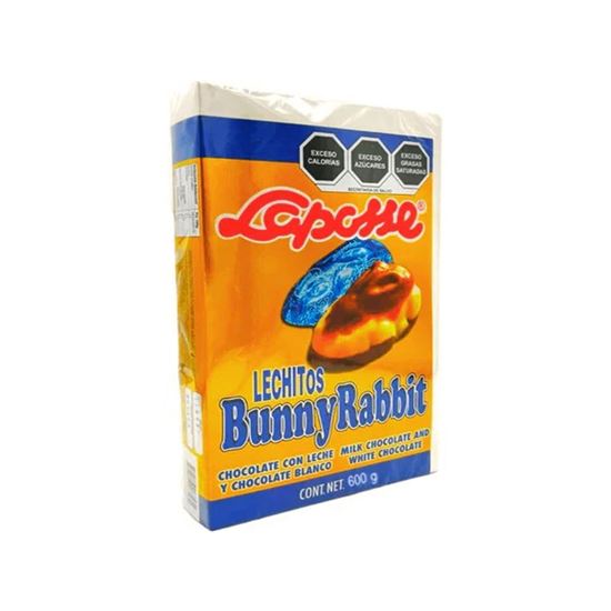 Imagen de Conejitos de chocolate con leche y chocolate blanco Laposse LECHITos Bunny Rabbit azul 75 pzas de 8g c/u (600g)