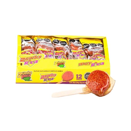 Imagen de Paleta de chilito agridulce sabor tamarindo cubierta de caramelo Zumba Pica Zumba Rica 12 pzas de 22g c/u (264g)