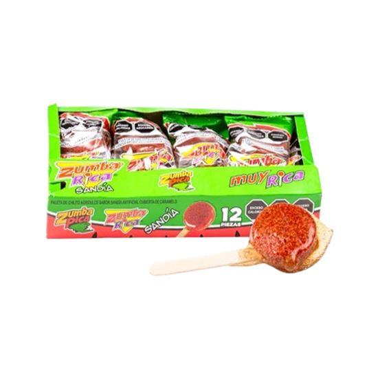 Imagen de Paleta de chilito agridulce sabor sandía cubierta de caramelo Zumba Pica Zumba Rica 12 pzas de 22g c/u (264g)