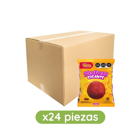 Imagen de Gomita sabor fresa cubierta de dulce picoso Vero PicaFresa Gigante caja con 24 bolsas de 720g c/u