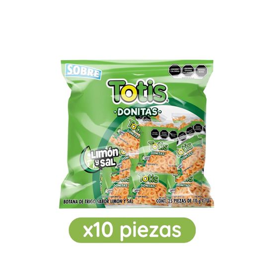 Imagen de Botana de trigo sabor limón y sal Totis Donitas Sobre bulto con 10 paquetes de 250g c/u