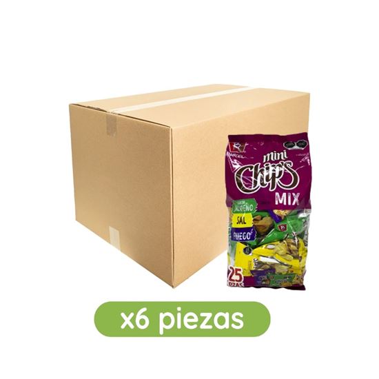 Imagen de Papas fritas sabores surtidos (Sal, Fuego y Jalapeño) Barcel Mini Chip's Mix caja con 6 bolsas de 450g c/u