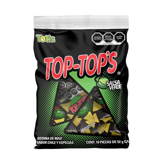 Imagen de Botana de maíz sabor chile y especias Totis Top-Top's Salsa Verde bolsa con 10 sobres de 52g c/u (520g)