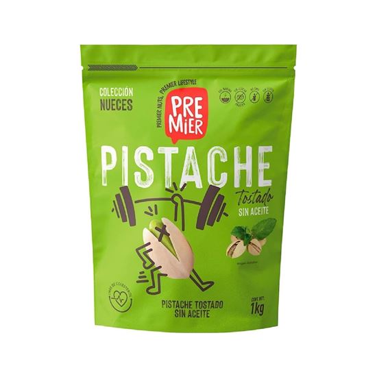 Imagen de Pistache entero con cáscara tostado sin aceite con sal de mar Premier bolsa resellable 1kg