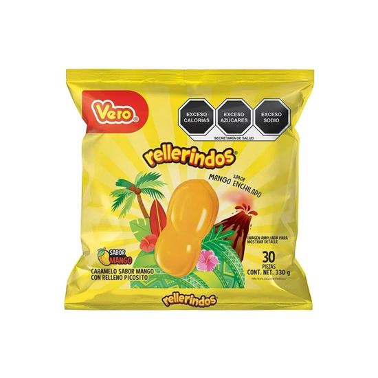 Imagen de Caramelo sabor mango con relleno picosito Vero Rellerindos Mango Enchilado 30 pzas (330g)