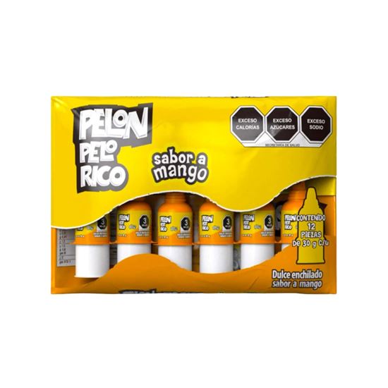 Imagen de Dulce enchilado sabor mango Pelón Pelo Rico bolsa con 12 pzas de 30g c/u (360g)