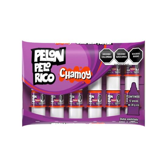 Imagen de Dulce enchilado sabor chamoy Pelón Pelo Rico bolsa con 12 pzas de 30g c/u (360g)