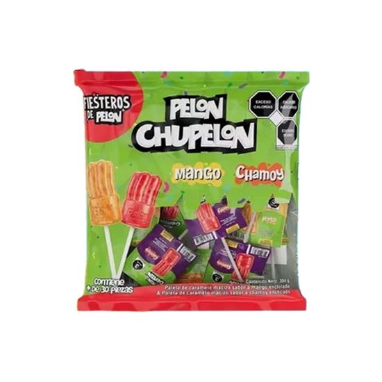Imagen de Paleta de caramelo enchilado sabor mango y chamoy Pelón Chupelon 30 pzas (384g)
