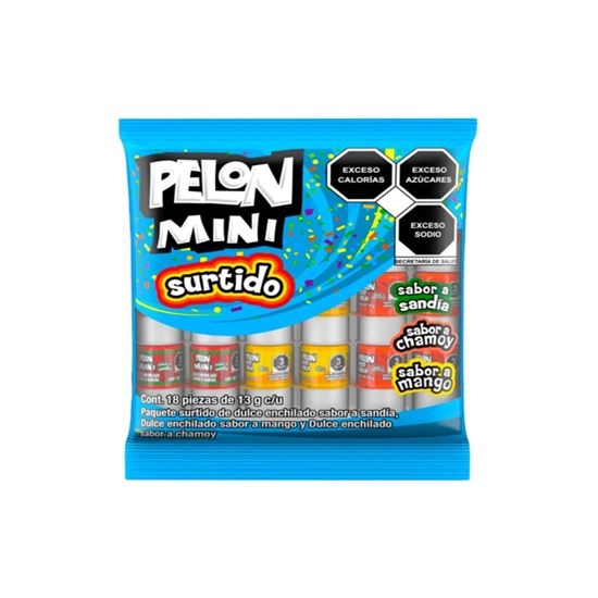 Imagen de Dulce enchilado sabores surtidos (sandía, chamoy y mango) Pelón Pelo Rico Mini bolsa con 18 pzas 13g c/u (234g)