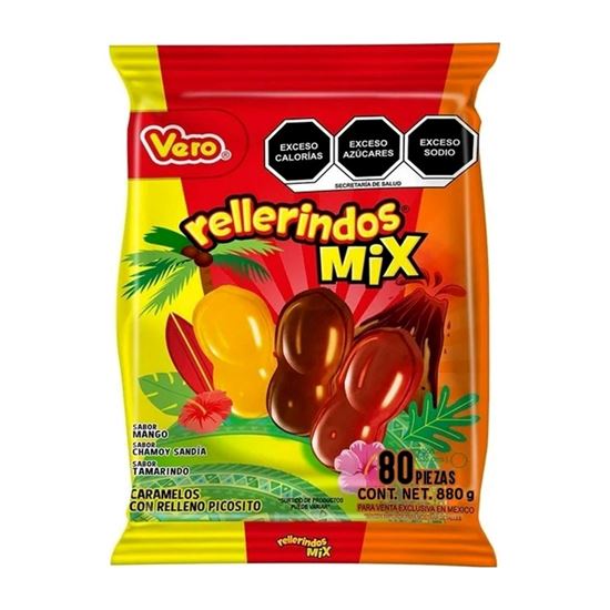 Imagen de Caramelos sabores surtidos (tamarindo, mango y chamoy sandía) con relleno picosito Vero Rellerindos Mix 80 pzas (880g)