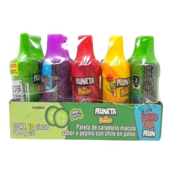 Imagen de Paleta de caramelo sabores surtidos con chile en polvo Peloneta del Puesto 10 pzas de 9g c/u (90g)
