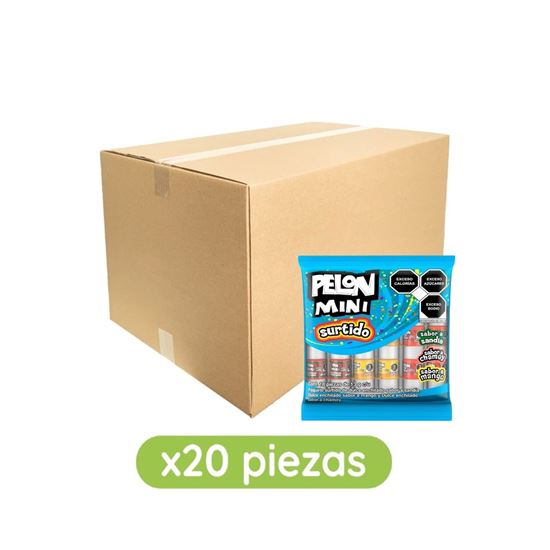 Imagen de Dulce enchilado sabores surtidos (sandía, chamoy y mango) Pelón Pelo Rico Mini caja con 20 bolsas de 234g c/u