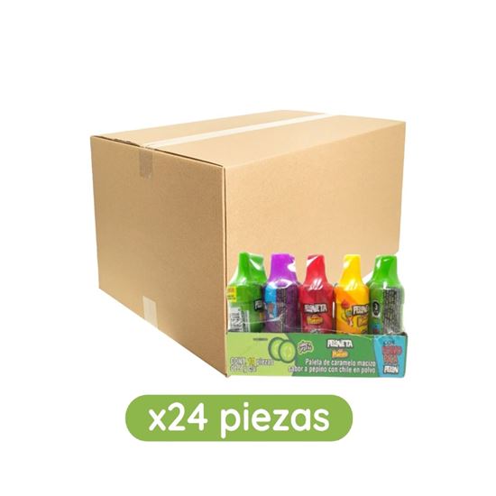 Imagen de Paleta de caramelo sabores surtidos con chile en polvo Peloneta del Puesto caja con 24 paquetes de 90g c/u