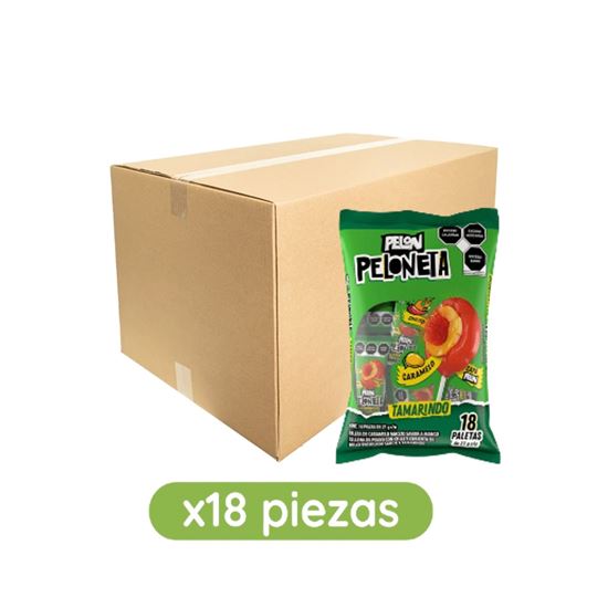 Imagen de Paleta de caramelo sabor mango rellena de chilito y cubierta de dulce sabor tamarindo Pelón Peloneta caja con 18 bolsas de 378g c/u