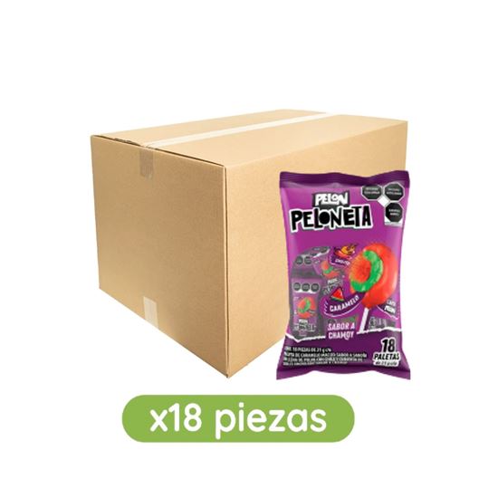 Imagen de Paleta de caramelo sabor sandía rellena de chilito y cubierta de dulce sabor chamoy Pelón Peloneta caja con 18 bolsas de 378g c/u