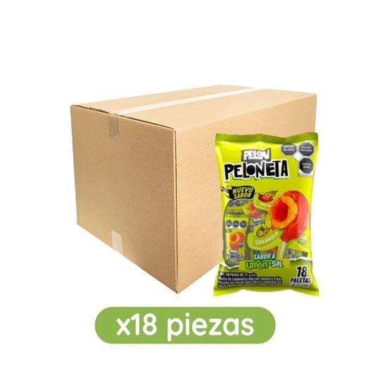 Imagen de Paleta de caramelo sabor piña rellena de chilito y cubierta de dulce sabor limón y sal Pelón Peloneta caja con 18 bolsas de 378g c/u