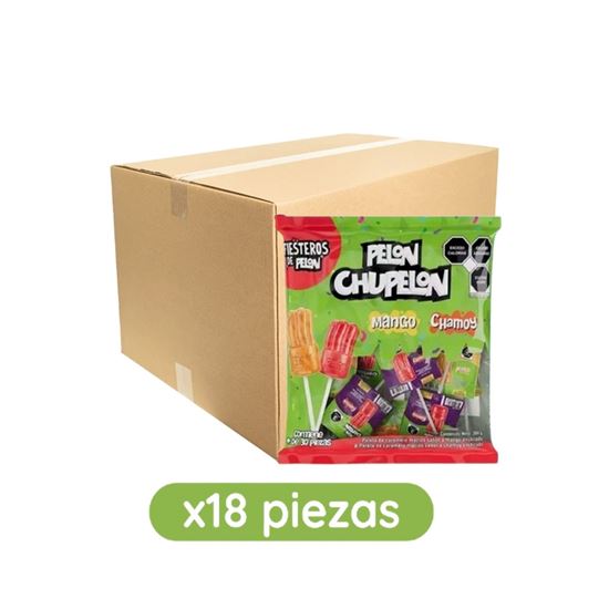 Imagen de Paleta de caramelo enchilado sabor mango y chamoy Pelón Chupelon caja con 18 bolsas de 384g c/u