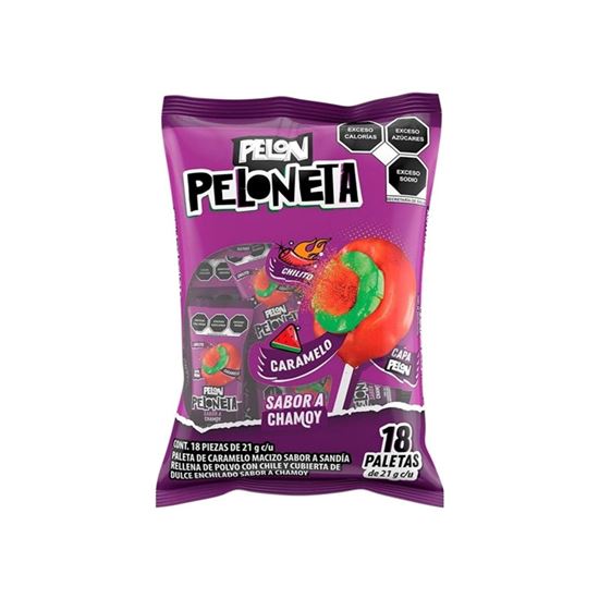 Imagen de Paleta de caramelo sabor sandía rellena de chilito y cubierta de dulce sabor chamoy Pelón Peloneta 18 pzas de 21g c/u (378g)