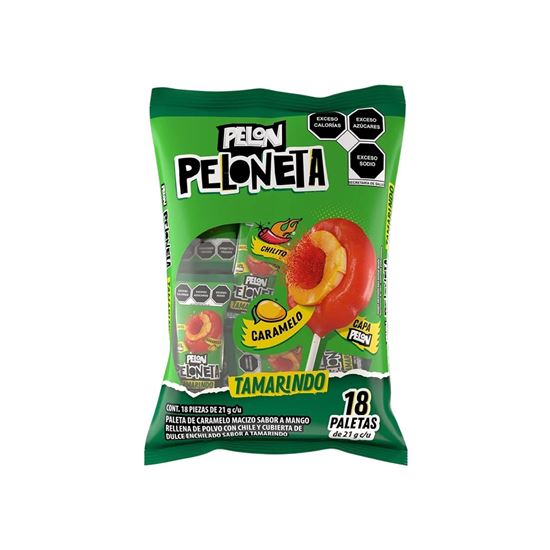 Imagen de Paleta de caramelo sabor mango rellena de chilito y cubierta de dulce sabor tamarindo Pelón Peloneta 18 pzas de 21g c/u (378g)