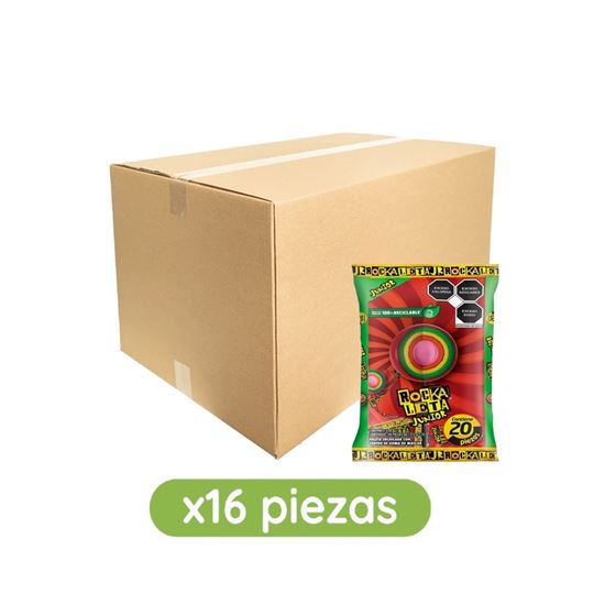 Imagen de Paleta enchilada con centro de goma de mascar Sonric's Rockaleta Junior caja con 16 bolsas de 250g c/u (4 kg)