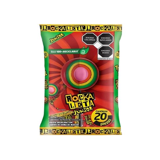 Imagen de Paleta enchilada con centro de goma de mascar Sonric's Rockaleta Junior bolsa con 20 pzas de 12.5g c/u (250g)