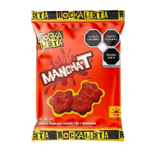 Imagen de Gomitas enchiladas sabor piña y mandarina Sonric's Rockaleta Mancha-T paquete con 5 pzas de 110g c/u (550g)
