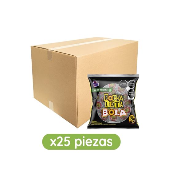 Imagen de Dulce enchilado con centro de goma de mascar Sonric's Rockaleta Bola caja con 25 bolsas de 320g c/u (8kg)