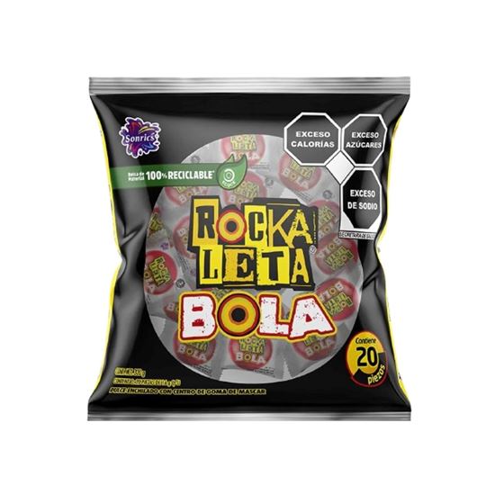 Imagen de Dulce enchilado con centro de goma de mascar Sonric's Rockaleta Bola bolsa con 20 pzas de 16g c/u (320g)