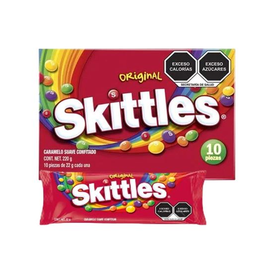 Imagen de Caramelo suave confitado sabores frutales Skittles Original caja con 10 pzas de 22g c/u (220g)