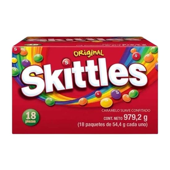Imagen de Caramelo suave confitado sabores frutales Skittles Original caja con 18 pzas de 54.4g c/u (979.2g)