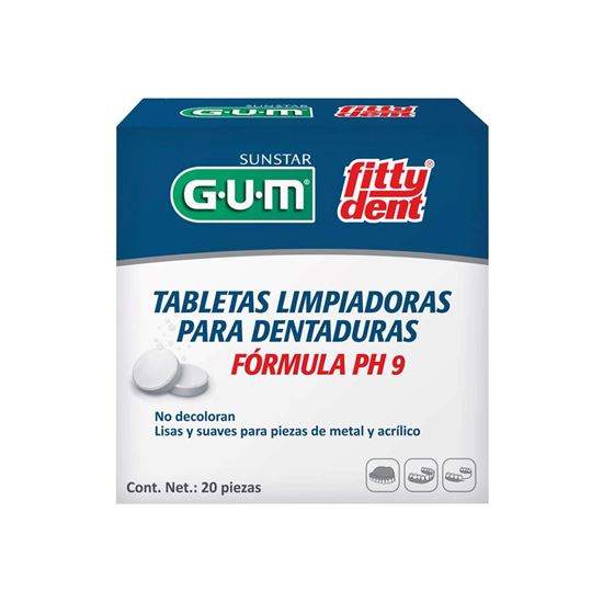 Imagen de Tabletas limpiadoras para dentaduras fórmula pH 9 Sunstar GUM Fitty Dent 20 pzas