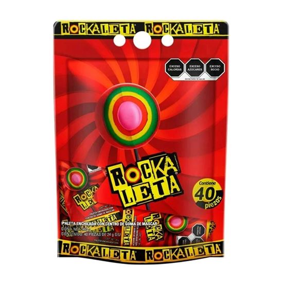 Imagen de Paleta enchilada con centro de goma de mascar Sonric's Rockaleta 40 pzas de 24g c/u (960g)