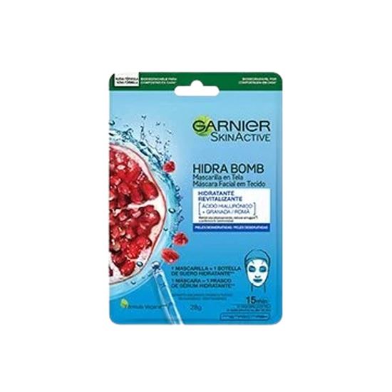 Imagen de Mascarilla facial en tela hidratante revitalizante con ácido hialurónico + granada para pieles deshidratadas Garnier SkinActive Hidra Bomb