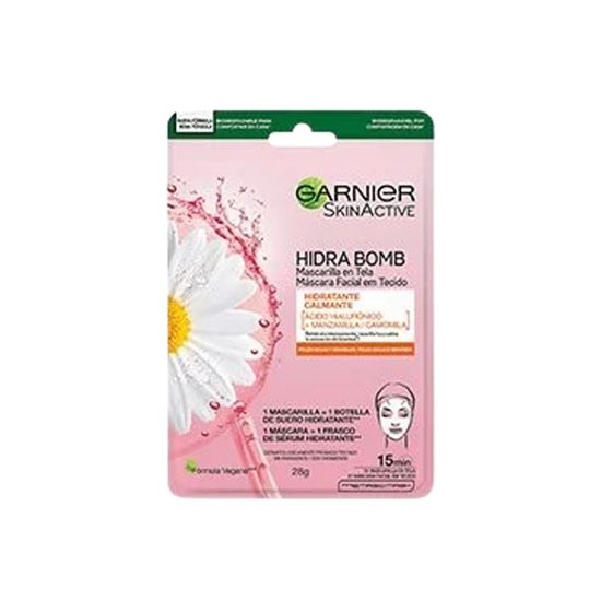 Imagen de Mascarilla facial en tela hidratante calmante con ácido hialurónico + manzanilla para pieles secas y sensibles Garnier SkinActive Hidra Bomb
