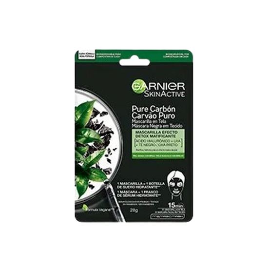 Imagen de Mascarilla facial en tela efecto detox matificante con ácido hialurónico + té negro para piel grasa con brillo Garnier SkinActive Pure Carbón