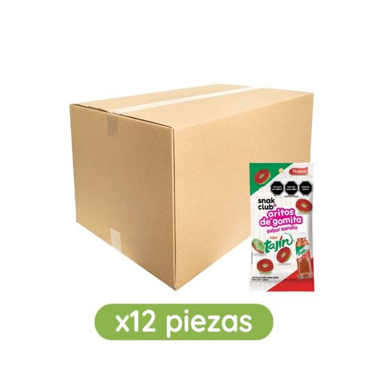 Imagen de Aritos de gomita sabor sandía con Tajín Snak Club caja con 12 pzas de 55g c/u (660g)