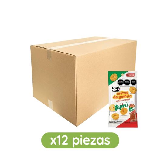 Imagen de Aritos de gomita sabor mango con Tajín Snak Club caja con 12 pzas de 55g c/u (660g)