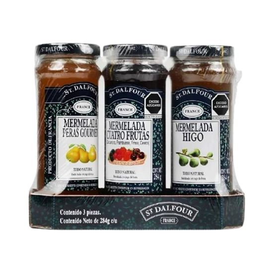 Imagen de Trío de mermeladas sin azúcar añadida sabores surtidos (higo, pera y cuatro frutas) St. Dalfour France 3 pzas de 284g c/u (852g)