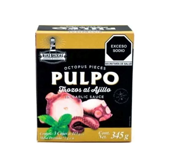 Imagen de Pulpo en trozos al ajillo Rías Baixas caja con 3 latas de 115g c/u (345g)